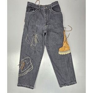 Vintage Raw Blue Jeans Mens‎ Size 32x32 Black Denim Embroidered Timbs Y2k Baggy